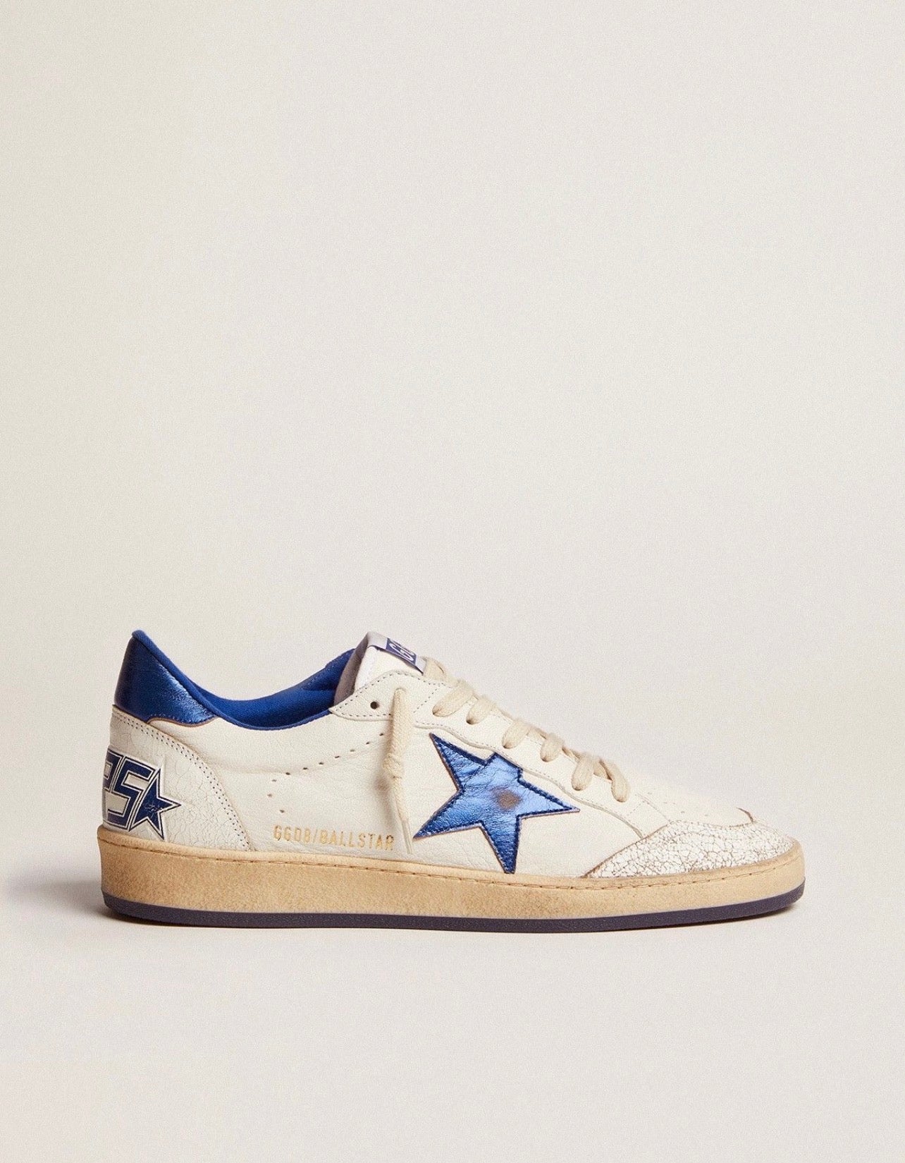 Golden Goose Ball Star Blanco / Estrella Azul Metálica / Talón Azul / Puntera Blanca Craquelada / Agujetas Beige