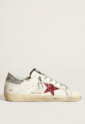 Golden Goose Superstar Blanco / Estrella Roja Glitter / Talón Plata Glitter / Agujetas Grises