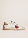 Golden Goose Superstar Blanco / Estrella Roja Glitter / Talón Dorado Glitter / Puntera Beige de Gamuza / Agujetas Grises
