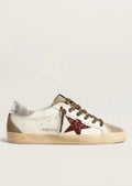 Golden Goose Superstar Piel Blanca /Estrella Glitter vino / Talón Plateado Metálico / Agujetas Animal Print / Puntera de Gamuza Beige