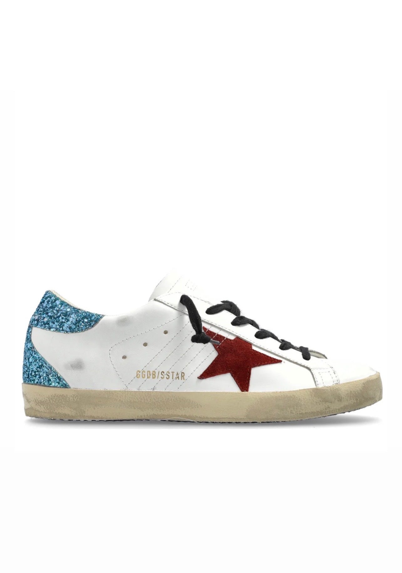 Golden Goose Superstar Blanco / Estrella Vino de Gamuza / Talón Azul Turquesa Glitter / Agujetas Negra