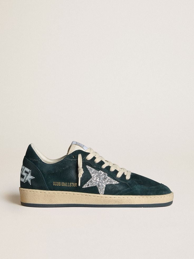 Golden Goose Ball Star Gamuza Verde Oscuro / Estrella Plateada con Glitter / Talón Verde Oscuro / Agujetas Blancas