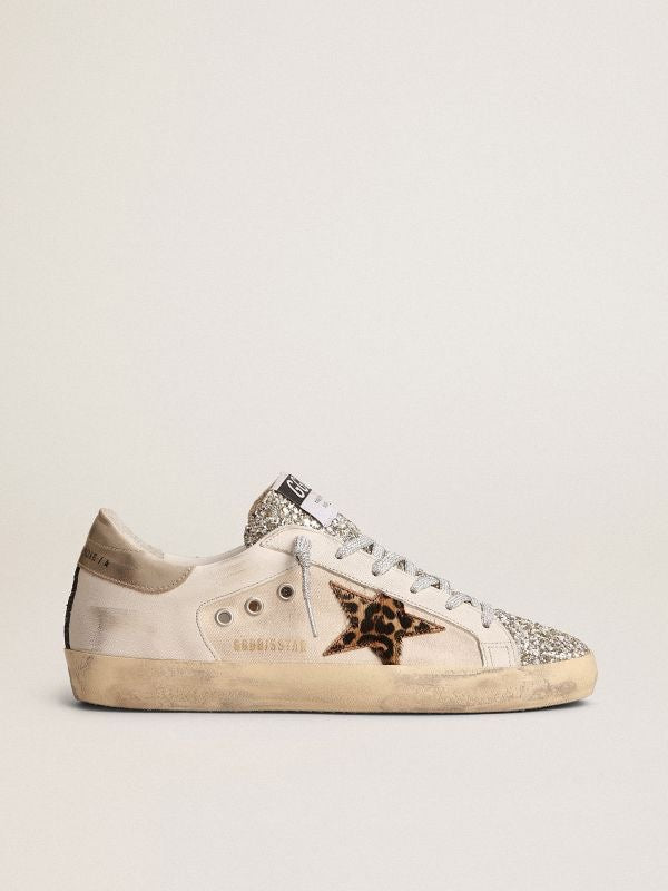 Golden Goose Superstar Blanco / Estrella Animal Print / Talón Dorado Metálico / Puntera Plata Glitter