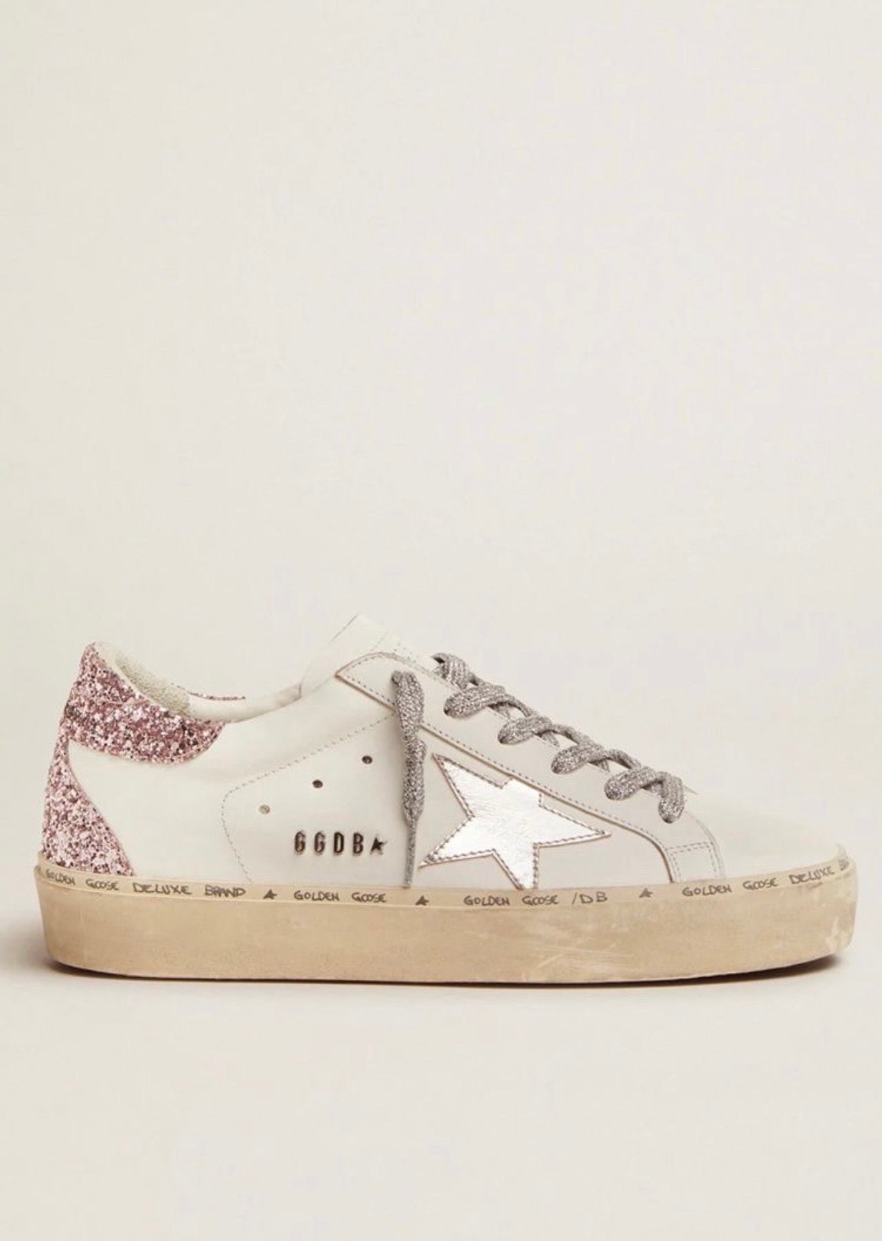 Golden Goose Hi Star Piel Blanca / Estrella Plateada Metálica / Talón Glitter Rosa / Plataforma Vintage