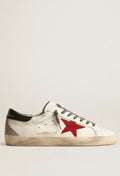 Golden Goose Superstar Piel Blanca / Estrella Roja de Gamuza / Talón Negro / Refuerzo Trasero de Gamuza Gris / Agujetas Grises