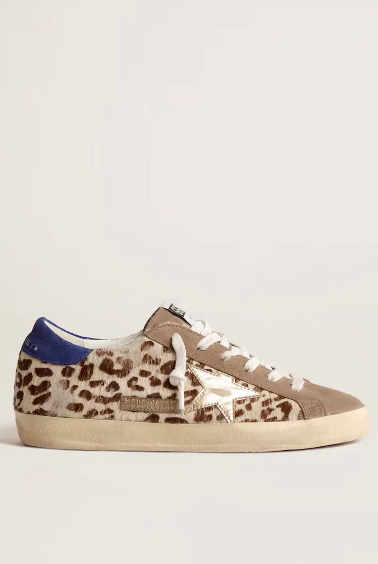 Golden Goose Superstar Animal Print / Estrella Dorada Metálica / Talón Azul / Puntera de Gamuza Beige / Suela Vintage