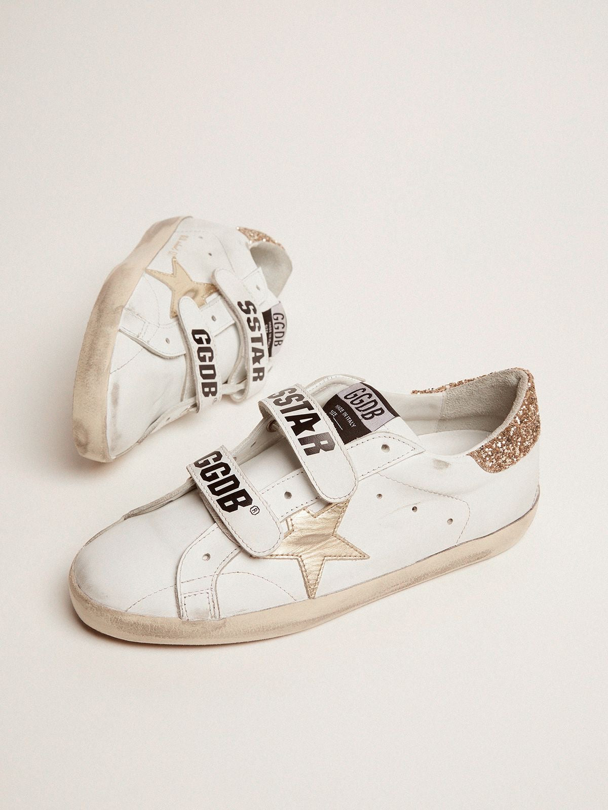 Golden Goose Superstar Blanco / Estrella Dorada Metálica / Talón Dorado Glitter / Cierre de Velcro Blanco