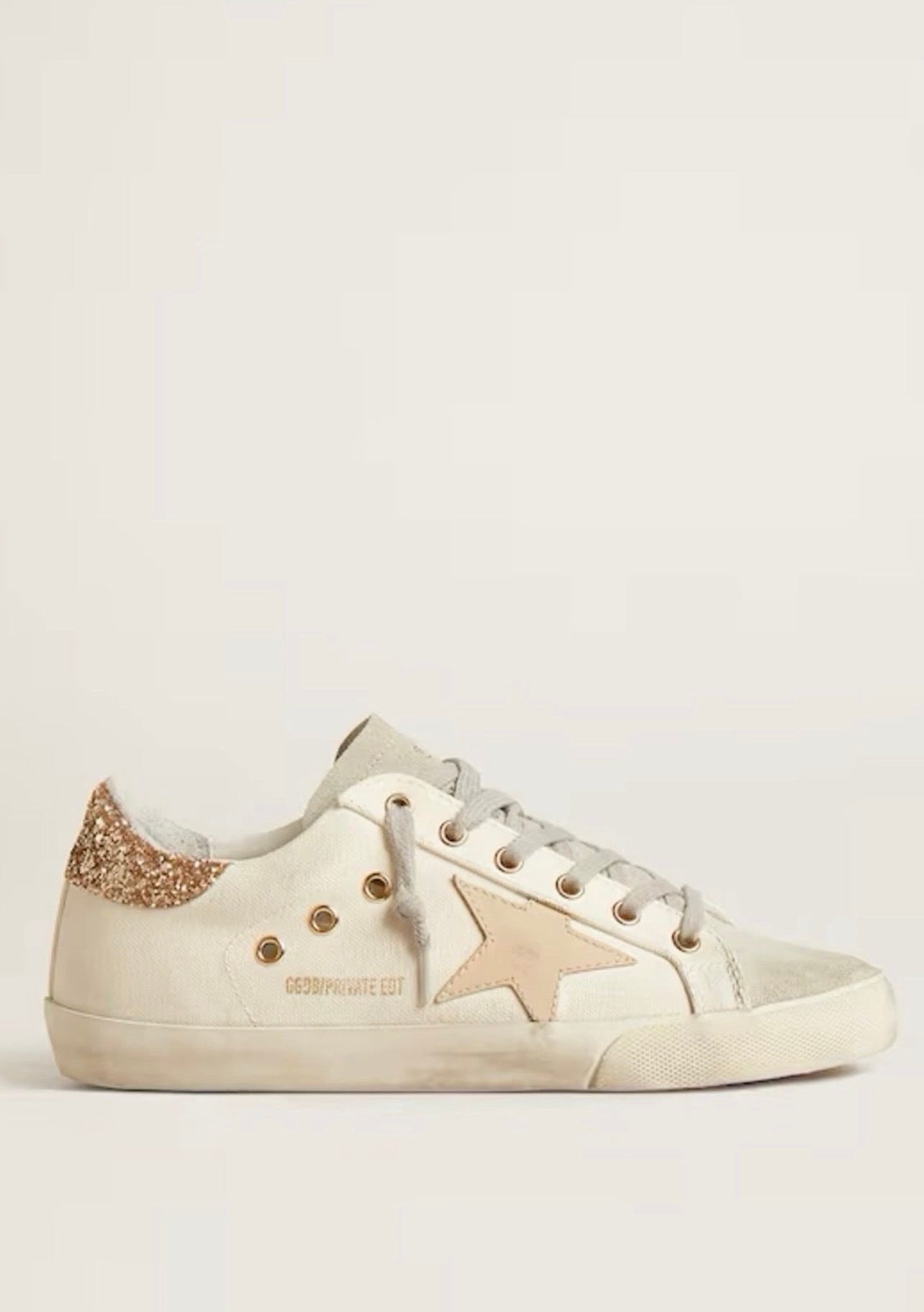 Golden Goose Superstar Lona Blanca / Estrella Beige / Talón Glitter Rose Gold / Puntera de Gamuza Beige