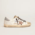 Golden Goose Superstar Blanco / Estrella Animal Print / Talón Plata Glitter / Puntera Beige de Gamuza / Agujetas Negras