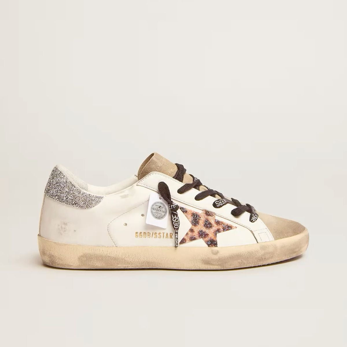 Golden Goose Superstar Blanco / Estrella Animal Print / Talón Plata Glitter / Puntera Beige de Gamuza / Agujetas Negras