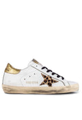 Golden Goose Superstar Piel Blanca / Estrella Animal Print / Talón Dorado Metálico / Agujetas Negras