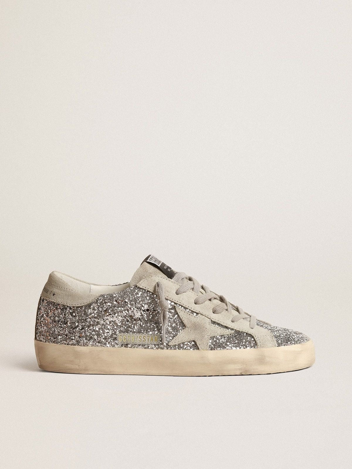 Golden Goose Superstar Plata Glitter / Estrella Blanca / Talón Plata Glitter / Agujetas Grises