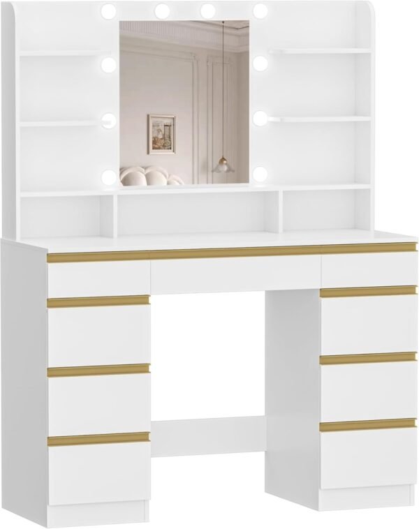 Coiffeuse Moderne avec 10 Lumières LED, Miroir Haute Définition et 9 Espaces de Rangement