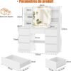 Coiffeuse avec Éclairage LED TRIUMPHKEY, 7 Tiroirs, 4 Étagères, Grand Meuble de Rangement pour Maquillage (Blanc, 110x40x139 cm)