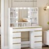 Coiffeuse Moderne avec 10 Lumières LED, Miroir Haute Définition et 9 Espaces de Rangement