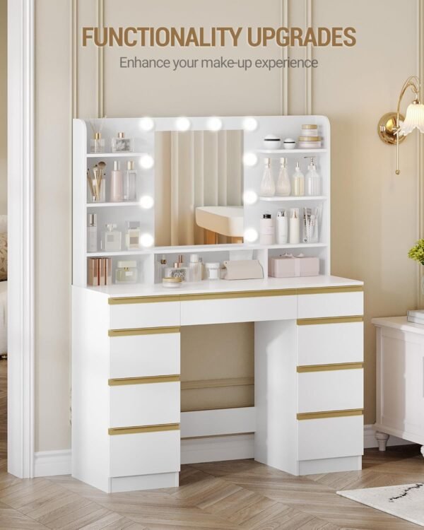 Coiffeuse Moderne avec 10 Lumières LED, Miroir Haute Définition et 9 Espaces de Rangement