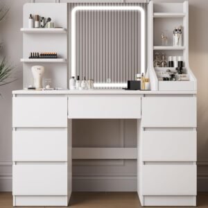 Coiffeuse avec Éclairage LED TRIUMPHKEY, 7 Tiroirs, 4 Étagères, Grand Meuble de Rangement pour Maquillage (Blanc, 110x40x139 cm)