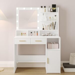 Coiffeuse Multifonction Hzuaneri avec Lumières LED, Rangement Fermé et Ouvert – Blanc Élégant