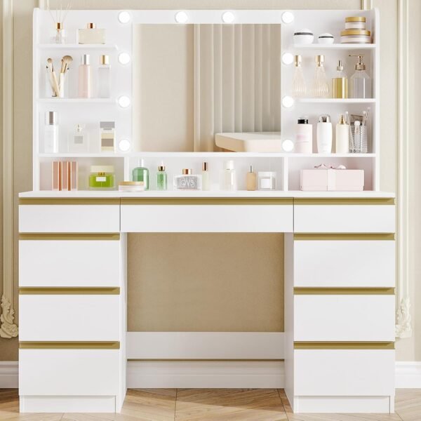 Coiffeuse Moderne avec 10 Lumières LED, Miroir Haute Définition et 9 Espaces de Rangement