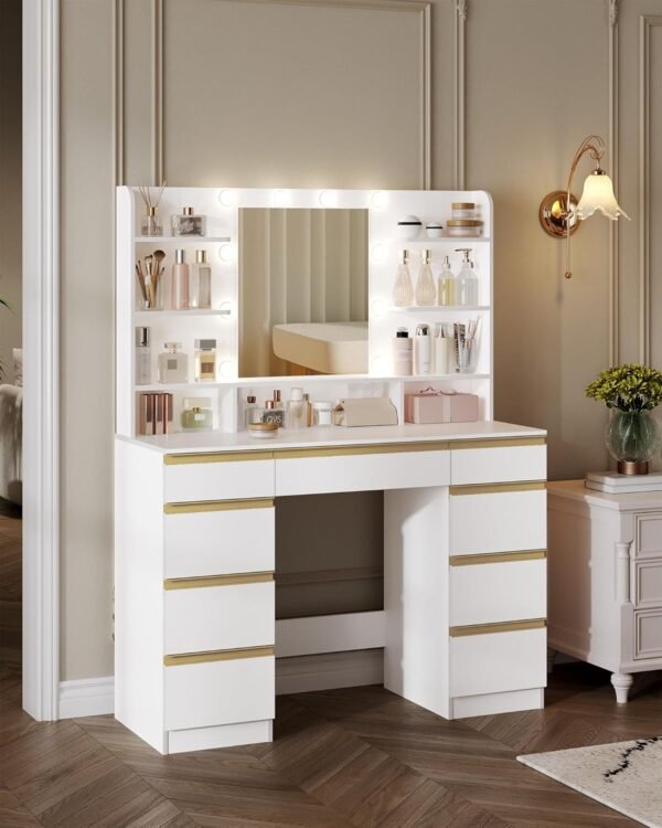 Coiffeuse Moderne avec 10 Lumières LED, Miroir Haute Définition et 9 Espaces de Rangement
