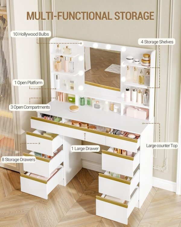 Coiffeuse Moderne avec 10 Lumières LED, Miroir Haute Définition et 9 Espaces de Rangement